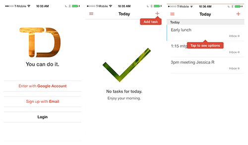 In Todoist for iOS, a tip invites the user to add a first task; then, another prompt introduces the options menu.