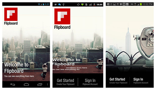 Flipboard for Android and iOS embeds playful prompts to engage the user and reinforce the key gestures needed to navigate the app.