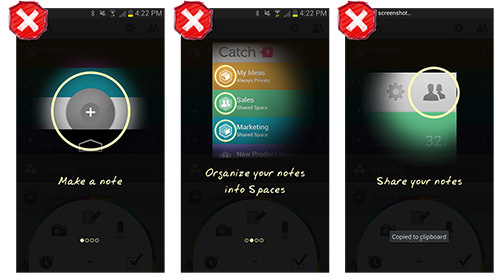 Catch for Android's tour describes features and actions but doesn't let the user try them.