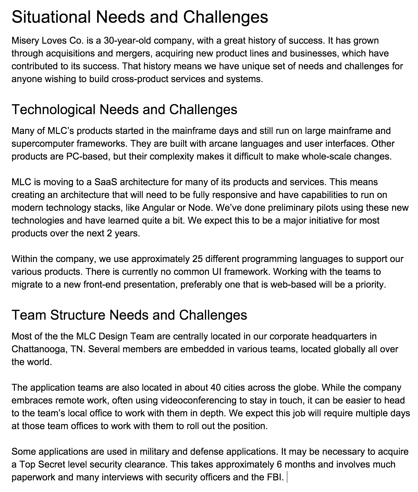 An image of Situational Needs and Challenges with a brief company history and detailed Technological Needs and Challenges for the company and detailed Team Structure Needs and Challenges for the company.