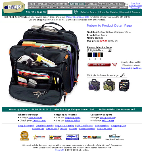 eBag.com's product page