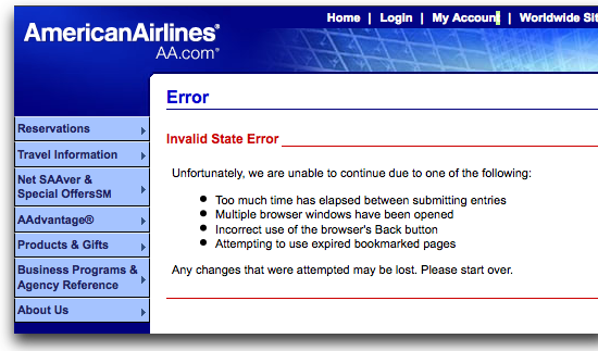 American Airlines web site error message