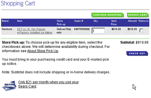 Sears.com shopping cart