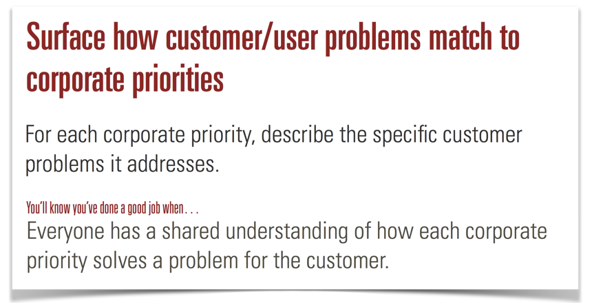 Surface how customer/user problems match to corporate priorities