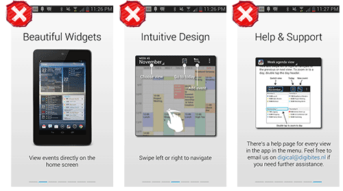 In DigiCal for Android, the text is abstracted from the activities it describes.